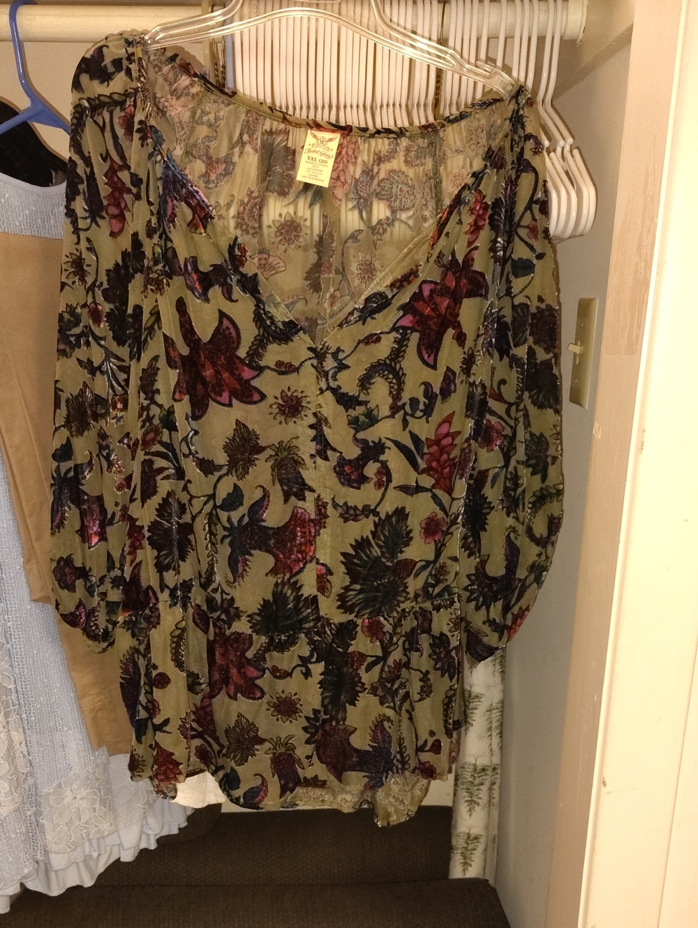 Faded Glory Olive Sheer Peasant Top with Velvet Floral Accents